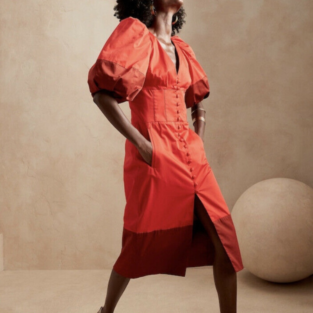 Banana Republic x Harbison Red Midi Dress, Red and Dark Copper. Size 4 #755327